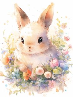 a watercolor painting of a rabbit surrounded by flowers