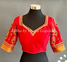 Blouse size: 38 All the Blouses have enough room to adjust to next two sizes above or below the standard size. Fancy Sarees, Delicate Details, Red Silk, Embroidered Blouse, Indian Bride, Bridal Collection, Red Color, Ready To Wear, Blouses