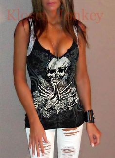 SEXY BLACK SKULL PISTOLS RHINESTONE SPLIT NECK LACE BIKER SLEEVELESS TANK TOP S #KlosetMonkey #TankCami Outfits Biker, Biker Chick Style, Coloring Designs, Harley Davidson Clothing, Biker Outfit, Biker Chic, Black Skull, Tanktop Girl