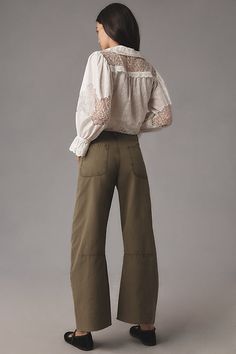 The newest, coolest shape in pants will have you over a... barrel. This pair by Le Jean is utility-inspired, featuring the on-trend barrel silhouette in a relaxed fit. | Utility Soft Barrel Pants by Le Jean in Green, Women's, Size: 32, Cotton/Elastane at Anthropologie Barrel Pants, Country Chic Outfits, Cool Shapes, Country Chic, Leg Pants, Chic Outfits, Barrel, Anthropologie, Top Brands