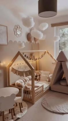 a child's room decorated in neutral tones