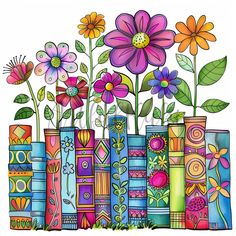 colorful flowers and books on a white background