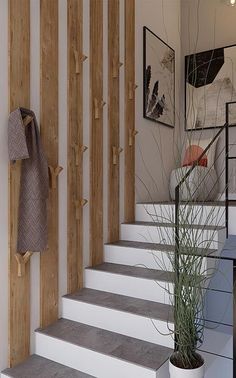 there is a potted plant sitting on the stairs next to some wood planks