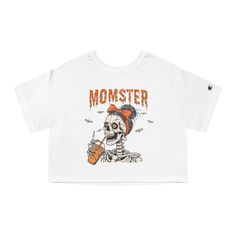 Embrace the spooky season with our "Bright Orange Momster Coffee Skeleton" Cropped Tee. This fun design showcases "Momster" in bright orange, cracked, and dripping text, paired with a skeleton sporting a bun and an orange bow. Holding a steaming orange coffee cup, this shirt adds a playful and creepy twist to your Halloween style. About Us: Welcome to Simply Complete, your destination for stylish apparel and unique designs that help you express yourself. Our collection includes digital prints, mugs, tumblers, and more, all crafted with quality and care through our printing partner, Printify. How to Order: ✔ Select the size and color from the drop-down menu. ✔ Choose the quantity and add the item to your cart. ✔ Proceed to checkout and select your preferred shipping speed. ✔ Refer to our si Spooky Fitted Graphic Print Tops, Fitted Spooky Graphic Print Top, Halloween Skull Letter Print Tops, Spooky Halloween Streetwear Shirt, Relaxed Fit Skull Print Top For Halloween, Relaxed Fit Tops For Halloween Streetwear, Halloween Cotton Band Merch Tops, Cotton Band Merch Tops For Halloween, Cotton Halloween Band Merch Tops