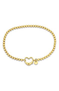 Add essential shine to any ensemble with this versatile beaded-chain bracelet. Rose-goldtone plated sterling silver or 10k-gold plated sterling silver Made in Italy Elegant Heart-shaped Jewelry With Gold Beads, Everyday Beaded Heart Bracelet, Everyday Jewelry With Heart Charm And Round Beads, Gold Jewelry With Heart Charm And Round Beads, Everyday Beaded Jewelry For Valentine's Day, Gold Charm Bracelet With Round Beads For Valentine's Day, Everyday Gold Heart Beaded Bracelet, Everyday Gold Beaded Heart Bracelet, Elegant Metal Beaded Bracelet With Heart Charm