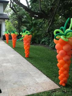 some carrots are in the grass and balloons are tied to them with green leaves