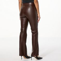 Colleen Lopez Faux Leather Bootcut Pant Announce your arrival looking powerful in these sleek and chic faux leather pants. Flattering bootcut legs along with a flat-front back elastic waist accentuate your natural shape, making it ready to dress up or down for any day of the week. Brown Faux Leather Full-length Pants, Brown Full-length Faux Leather Pants, Brown Full Length Faux Leather Pants, Flare Leather Bottoms For Work, Leather Flare Bottoms For Work, Chic Brown Flare Pants, Fall Flare Leather Pants, Flared Leather Bottoms For Work, Sleek Brown Leather Bottoms