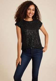 edgely™ Sequin Short Sleeve Tee - Materials & Care:imported - 95% polyester 5% spandex - machine wash New Jeans Top, Sequin Short, Denim Fashion Women, Skirt Crop, Sequin Shorts, Curvy Jeans, Denim Accessories, Women's Health, Sequin Fabric