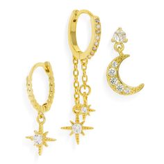 PRICES MAY VARY. Dainty gold moon star hoop set earrings, with three different design, fashion bold statement y2k design, featuring a strand of cubic zirconia, easily to match your clothes. Trendy small moonlight ring charm rhinestone huggie, plug back for pierced ears, special, cool and stylish,you can take off the cz star and wear the rectangle huggie earrings alone, perfect for everyday casual business work, formal event parties. 18k gold plated stainless steel, fade-resistant, lightweight, l Earring Star, Gold Star Earrings, Formal Jewelry, Stud Jewelry, Star Earrings Stud, Gold Moon, Stud Earrings Set, Everyday Earrings, Stylish Jewelry