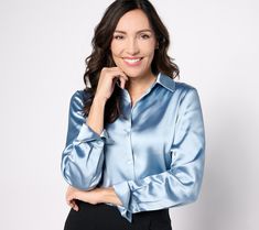 It's an occasion to celebrate! Slip into this silky, exquisitely tailored top and make a joyful entrance. From BEAUTIFUL by Lawrence Zarian. Anniversary Shoot, Satin Blouses, Golden Ratio, Concert Outfits, Women Blouse, Satin Blouse, Tall Women, Beauty Wellness, Blue Satin