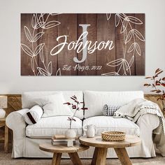 a living room with a white couch and coffee table in front of a wooden wall