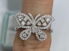 Luxury White Gold Butterfly Ring, Luxury Diamond Butterfly Ring, Diamond White Diamond Butterfly Ring, Butterfly Shaped Diamond Ring Fine Jewelry, Diamond White Butterfly Ring With Brilliant Cut, White Diamond Butterfly Ring Fine Jewelry, Diamond Butterfly Ring For Wedding, Butterfly-shaped Diamond Ring For Gift, White Diamond Butterfly Ring In Fine Jewelry Style