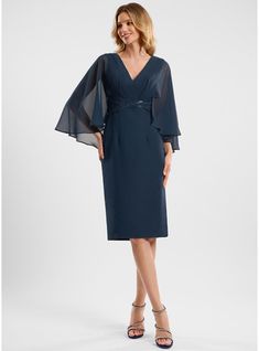 JJ's House Beading Chiffon V-Neck Fall Spring Summer Winter Sheath/Column Plus General Back Zip Elegant Vintage Dark Navy Height:5.8ft（176cm） Bust:32in（82cm）Waist:24in（61cm）Hips:35in（89cm） Knee-Length Blue Cap Sleeve Cocktail Dress. #JJ's House #Beading #Chiffon #VNeck #Fall #Spring #Summer #Winter #SheathColumn #Plus #General #BackZip #Elegant #Vintage #DarkNavy #KneeLength #Blue #CapSleeve #CocktailDress Dress For Weddings, Chiffon Cocktail Dress, Custom Dresses, Neck Strap, Color Swatches, Summer Winter, Dark Navy, Cap Sleeve, Cap Sleeves