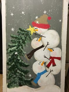 a painting of snowmen holding a christmas tree