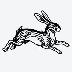 a black and white drawing of a rabbit running in the air with it's legs spread out