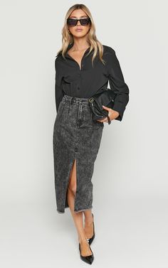 The new season must-have that it-girls are wearing. Make our Janeve Midi Skirt a staple in your wardrobe! It features a high rise waist, dart stitches on the front and back, centre front split, frayed hem and an acid wash finish. It's an incredibly timeless and stylish piece that can be dressed up or down and worn across seasons. Style it for a lunch date with the Gia Tee in White and chunky sandals or for drinks with the girls with the Universal Music - Rolling Stones Tee in Washed Black a Straight Leg Skirt With Frayed Hem For Fall, Casual High Waist Relaxed Pencil Skirt, Trendy Fall Skirt, Trendy Fall Pencil Skirt, Relaxed Denim Skirt For Workwear In Fall, Chic Skirt With Frayed Hem For Spring, Chic Lined Denim Skirt, Fall Denim Skirt For Workwear, Chic High Waist Relaxed Denim Skirt