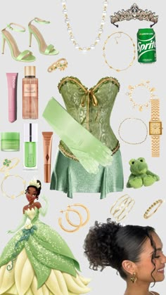 the princess and the frog costume is shown in this collage, including tiara