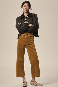 The pant so beloved, it sparked its own collection. Marked by a breezy wide-leg silhouette and form-fitting high-rise, the Colette Pant is tried, trued, and rave-reviewed. | The Colette Cropped Wide-Leg Pants by Maeve: Corduroy Edition in Brown, Women's, Size: 25, Cotton/Elastane/Modal at Anthropologie Earth Tone Clothes, Colored Pants Outfits, Cropped Pants Outfit, Corduroy Pants Women, High Waisted Wide Leg Pants, Cropped Wide Leg Pants, Corduroy Trousers, Back Patch, Casual Denim