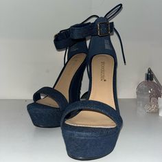 Never Worn Been Sitting On A Shelf. Bought Them On A Whim And Never Found The Right Outfit For Them. Elastic On Ankle Strap With A Standard Buckle Closure. Lacing In The Back Is Pointless, Just Cute!! Chic Denim Platform Heels, Blue Denim Platform Heels, Blue Fabric Casual Heels, Casual Blue Fabric Heels, Denim And Lace, Shoe Dazzle, Womens Shoes Wedges, Ankle Strap, Wedges