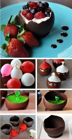 chocolate desserts with different toppings are shown in this collage, including strawberries and