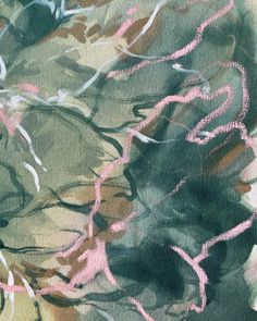 an abstract painting with pink and green colors on it's surface, including lines in the middle