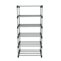 a metal shelf with four shelves on each side and two wheels attached to the bottom