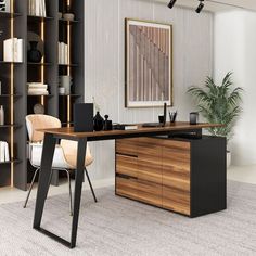 an office with a desk, chair and bookcase