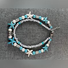 Beaded Starfish Anklet Bracelet Turquoise New Starfish Anklets, Metal Bead Bracelet, Beaded Starfish, Metal Cuff Bracelet, Turquoise Bead Bracelet, Bali Silver, Beaded Cuff Bracelet, Bead Ideas, Beaded Jewelry Designs