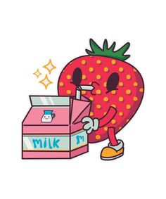 a sticker with an image of a strawberry holding a milk carton and eating it