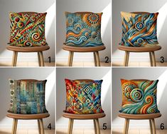 six pillows with different designs on them