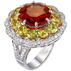 Bright colors and multiple spinning motifs create an energizing and fun jewel that can make any day brighter. An 8.38-carat round Spessartite Garnet is surrounded by a row of round 3.40-carat Yellow Sapphires which is surrounded by round 0.63-carat White Diamonds. All of these gems and more are set on a well-crafted 18K Gold ring. This ring, as with all Zorab Creation pieces, are sent with a unique serial number to validate its authenticity. Ring Size 7.5 Giraffe Ring, Garnet And Diamond Ring, Spessartite Garnet, Aesthetic Movement, Expensive Jewelry, 18k Gold Ring, Fancy Diamonds, Fine Jewels, Pink Bracelet