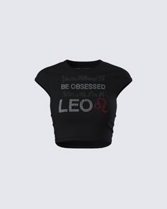 You’re allowed to be obsessed with me, I'm a Leo 💋 Keep them pining after you in this black graphic top made from jersey fabric and complete with a cropped fit and rhinestone graphic 🖤 Be Obsessed With Me, Black Leo, Future Of Fashion, Cute Pjs, Graphic Crop Top, Welcome To The Future, Black Off Shoulder, Obsessed With Me, Cropped Long Sleeve