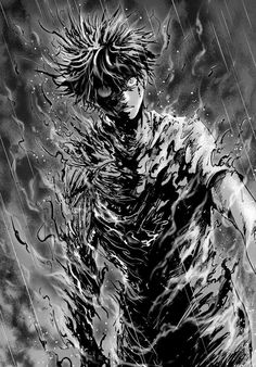 a black and white drawing of a man in the rain with his hair blowing back