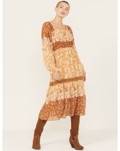 Miss Me Women's Floral Print Long Sleeve Midi Dress, Rust Copper Rayon Long Sleeve Maxi Dress For Fall, Casual Rayon Midi Dress For Fall, Knee-length Viscose Dress For Fall, Floral Print Viscose Dresses For Fall, Fall Maxi Length Rayon Dress, Fall Flowy Rayon Midi Dress, Flowy Cotton Maxi Dress For Fall, Fall Maxi Dress Made Of Rayon, Flowy Rayon Midi Dress For Fall