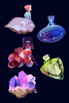 four different shapes and sizes of crystals on a black background, each with an individual's own image