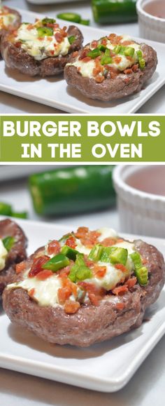 burger bowls in the oven with green peppers and cheese on top, sitting on white plates