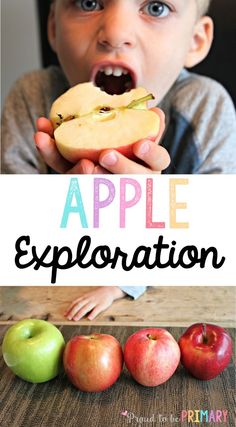 a young boy eating an apple with the words apple explanation