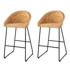 two stools made out of wicker with metal legs, one is black and the other is brown