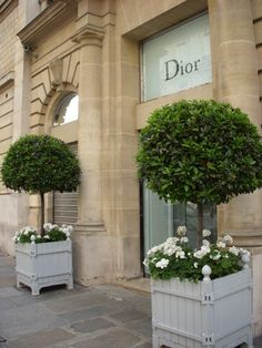 two white planters sitting on the side of a building