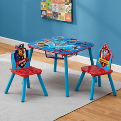 children's table and chairs with thomas the tank engine theme on them in a blue room