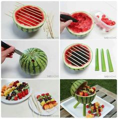 several pictures of different types of food being cooked on grills and watermelon