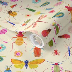 colorful bugs and flowers on white background with watercolor effect wallpaper mural by back to the wall