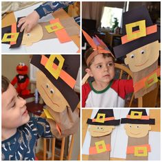 a collage of photos showing the process of making a scarecrow hat for a child's halloween costume