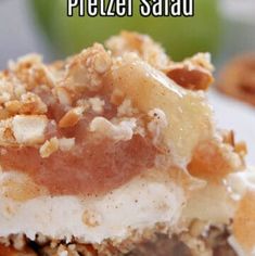 a close up of a piece of pie on a plate with the words pefez salad above it