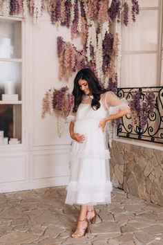 "💙 White tulle maternity dress, a perfect choice for your upcoming baby shower celebration. This enchanting tulle midi dress in pristine white is designed to exude grace and elegance while ensuring utmost comfort for expectant mothers. 💙 Crafted with a delicate tulle fabric, this white tulle midi dress adds a touch of whimsy and sophistication to your baby shower attire. The flowing layers of tulle create a graceful A-line silhouette, flattering your changing figure and allowing you to move wi Elegant Summer Tulle Maternity Dress, White Tulle Midi-length Dress, Chic White Maternity Dress, Flowy White Maternity Dress For Wedding, White Feminine Maternity Dress For Summer, White Maternity Dress For Spring, Spring White Maternity Dress, Spring Maternity Dress In White, Elegant White Maternity Dress