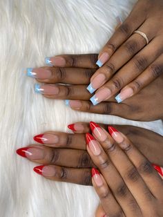 Elevate Your Look: Exceptional French Tip Nails Design Ideas for Dark Skin Tone Sharp French Tip Nails, Red Nail Designs Almond, Red French Tip Nails Almond, French Tips Blue, Burgundy French Tip, French Tip Nails Design, Natural Nail Color, Dark Skin Nail Color, Black And Blue Nails