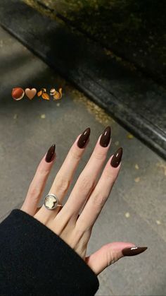 Dark Brown Nails Almond Shape, Dark Chocolate Nails Design, Dark Brown Oval Nails, Brown Almond Nails For Fall, October Nail Inspo Almond, Natural Almond Nails Fall, Dark Brown Sparkle Nails