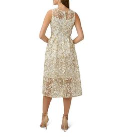 Adrianna Papell Floral Embroidered Crew Neck Fit and Flare Dress | Dillard's Elegant Sleeveless Midi Dress With Floral Applique, Sleeveless Floral Applique Midi Dress For Evening, Chic Sheer Sleeveless Lace Dress, Chic Sleeveless Sheer Lace Dress, Sleeveless Cocktail Dresses With Floral Embroidery, Cocktail Sleeveless Dresses With Floral Embroidery, Spring Lace Dress With Back Zipper, Sleeveless Midi Dress With Floral Applique For Party, Sleeveless Sheer Lace Midi Dress