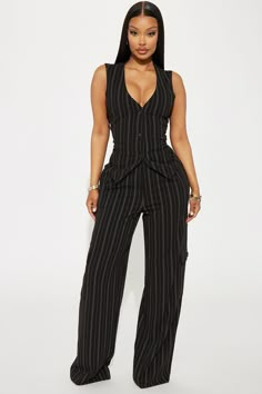 Heidy Pinstripe Vest Pant Set - Black | Fashion Nova, Matching Sets | Fashion Nova Fashion Nova Suits, All Black Graduation Outfit, Capsule Wardrobe Black Women, Female Gangster Outfit, Pants And Vest Outfit, Business Professional Outfits Plus Size, Business Fashion Women, All Black Birthday Outfit, Black Women Business Attire