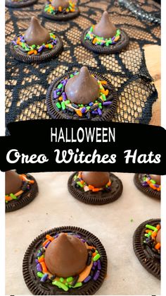 halloween oreo witches hats with chocolate on top and sprinkles in the middle